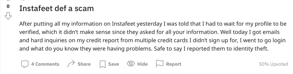 Reddit screenshot of thread titled 'Instafeet def a scam'