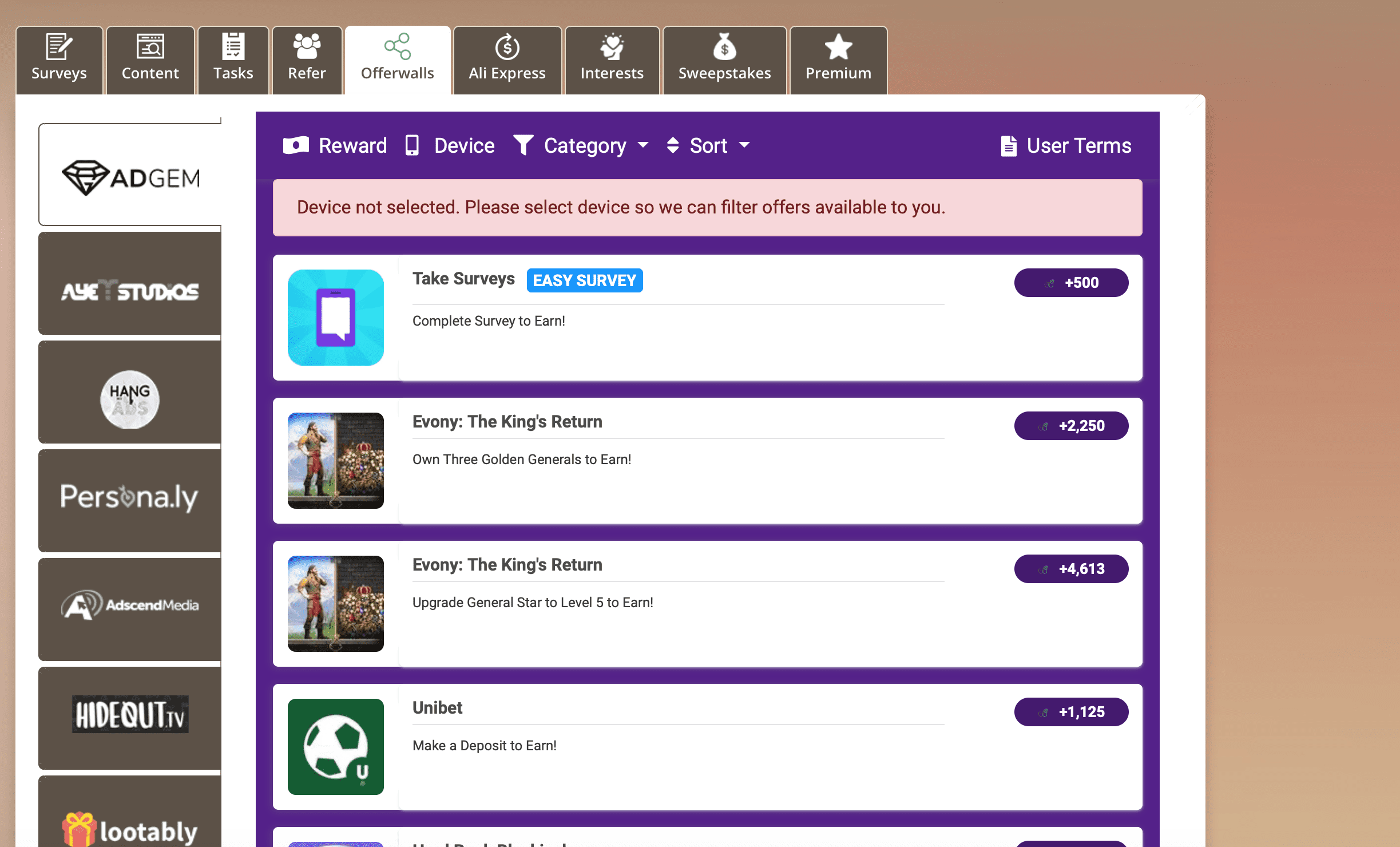 Offerwall tab on Timebucks showing 1st page of tasks for AdGem: Take surveys to earn, Evony The kings return: Own three golden generals to earn, Unibet: make a deposit to earn.