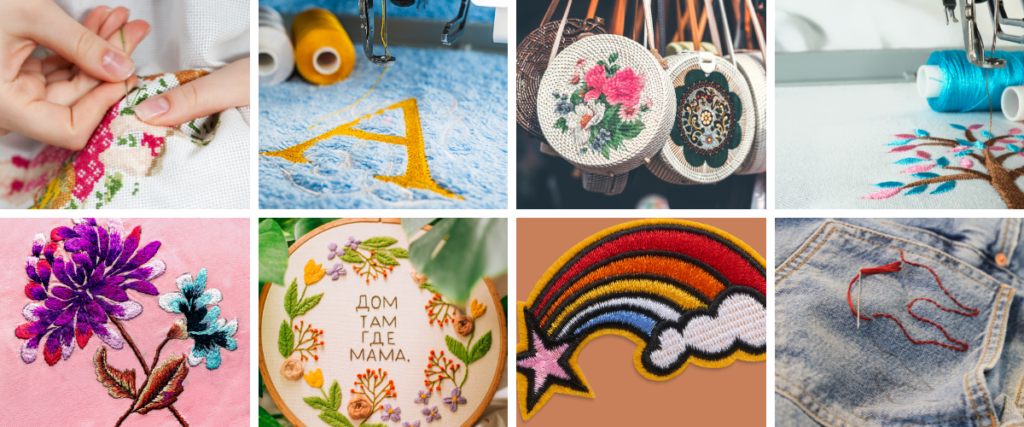 Collage of embroidery products showing monogrammed A, embroidered handbags, embroidery hoop with flowers and 'mama' text, and jean pocket being embroidered